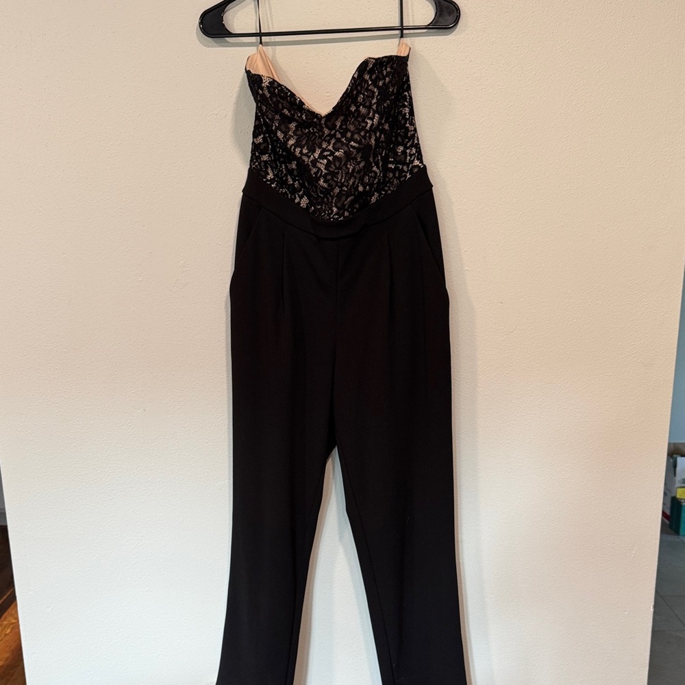 Express Black and Cream Strapless Jumpsuit